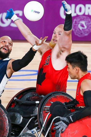 John Orozco from Colombia vs. Zachary Madell from Canada in mixed wheelchair rugby at the Villa El Salvador Sports Center, Lima 2019