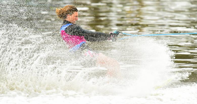 Tobías Giorgis from Argentina competes in the Lima 2019 water ski competition at Laguna Bujama.