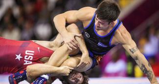 Argentinian Agustin Destribats and American Jaydin Airman during Lima 2019 freestyle wrestling competition at the Callao Regional Sports Village