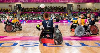 Brazil competes against Colombia for the bronze medal in Lima 2019 wheelchair rugby at the Villa El Salvador Sports Center