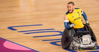 Brazilian Para athlete Gabriel Feitosa competes in Lima 2019 wheelchair rugby match against Colombia at the Villa El Salvador Sports Center