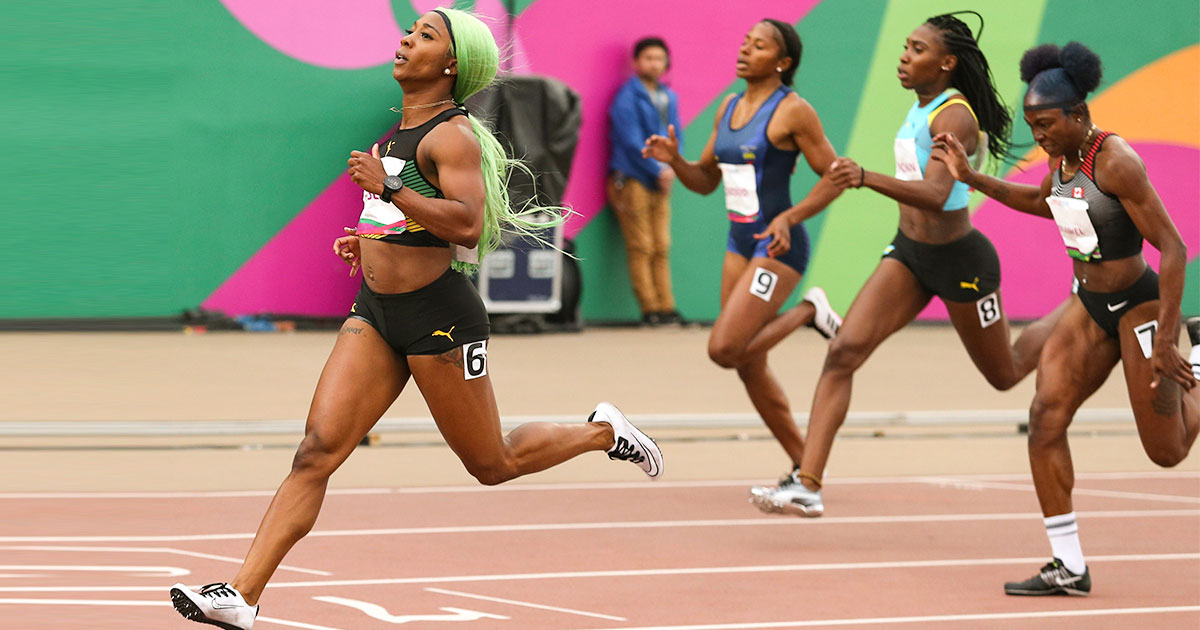 Shelly-Ann Fraser-Price reaches the finish line in the women’s 200 m final at the Lima 2019 Pan American Games