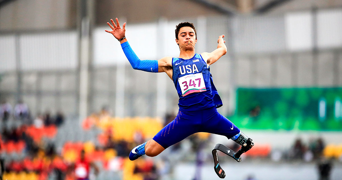Ezra Frech, from the US, up in the air during the Para athletics competition at Lima 2019.