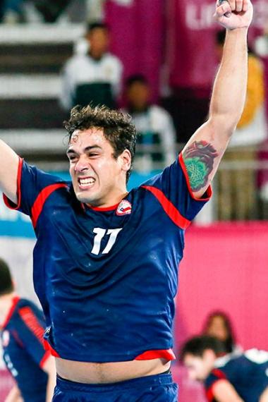 Chilean Esteban Salinas celebrates beating Brazil in the Lima 2019 handball competition at the National Sports Village – VIDENA.