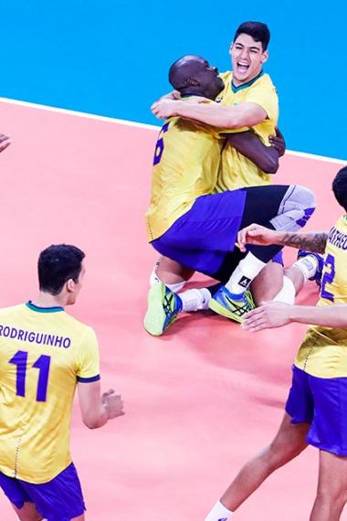 Brazilian volleyball players celebrating the bronze medal at the Callao Regional Sports Village, Lima 2019 Pan American Games