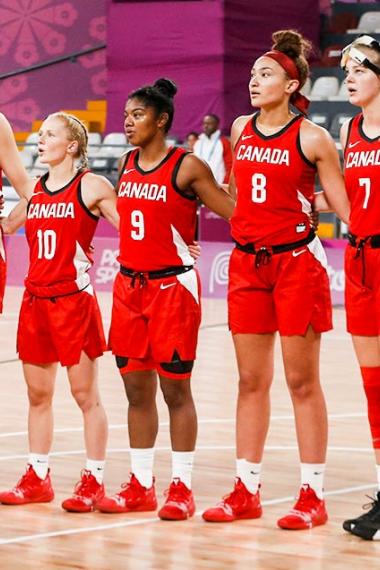 El equipo de baloncesto femenino de Canadá entona su himno nacional antes de enfrentarse a Paraguay en partido de baloncesto, en los Juegos Lima 2019, en el Coliseo Eduardo Dibós.