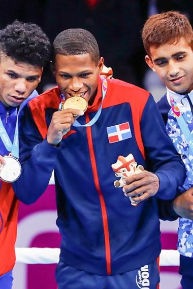 Dominican Rodrigo Marte , Cuban Yosbany Veitía, Argentinian Ramón Quiroga and Puerto Rican Yankiel Rivera show their gold, silver, and bronze medals, respectively, after the men’s boxing competition of the Lima 2019 Pan American Games at the Callao Regional Sports Village.