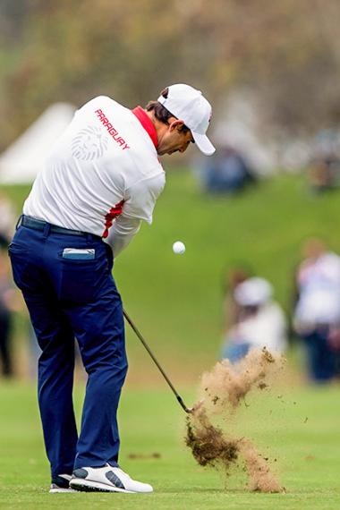 Fabrizio Zanotti from Paraguay hits the ball in the Lima 2019 final golf round at the Lima Golf Club