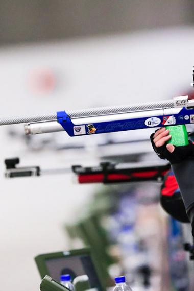 : Minden Miles from United States gets ready to shoot in the women’s 10 m air rifle event of the Lima 2019 Pan American Games at Las Palmas Air Base.