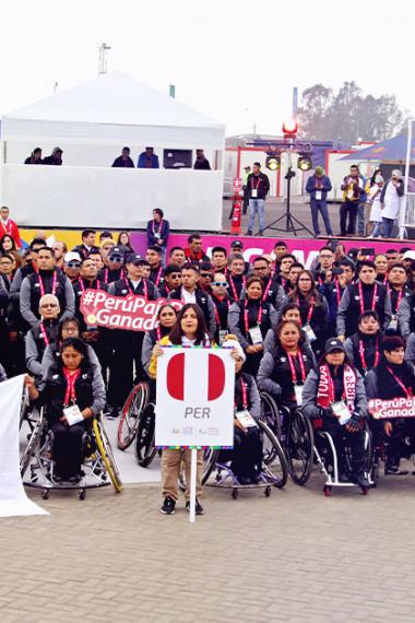 The delegation of 139 Peruvian Para athletes pose for a photo at the Lima 2019 Parapan American Village
