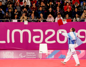 Juan Samorano celebrates his bronze medal in Para taekwondo in the Parapan American Games Lima 2019