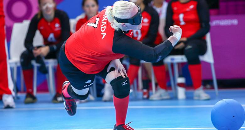 Canadian Amy Burk kicks the ball during a match vs. Mexico during Lima 2019 women’s goalball competition at the Callao Regional Sports Village.