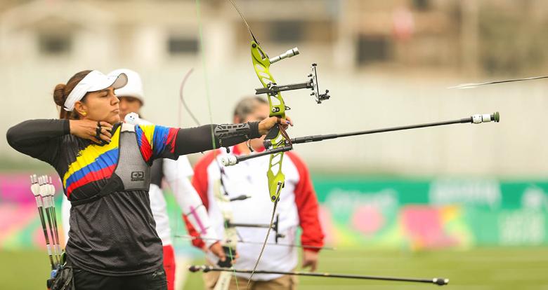 Archer Valentina Acosta competes in the Lima 2019 archery event at the Villa María del Triunfo venue