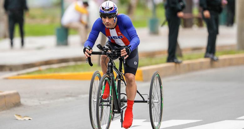 Matthew Rodríguez from the US competing in the Para cycling road T1-2 mixed time trial final during the Lima 2019 Parapan American Games held at Costa Verde, San Miguel