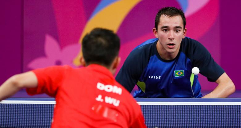 Hugo Calderano from Brazil vs. Jiaji Wu from the Dominican Republic at the Lima 2019 men’s table tennis final held at the National Sports Village – VIDENA.