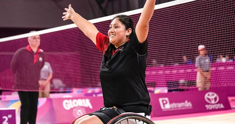 Peruvian Para athlete Pilar Jáuregui celebrates winning gold in Lima 2019 women’s Para badminton WH2 at the Villa El Salvador Sports Center.