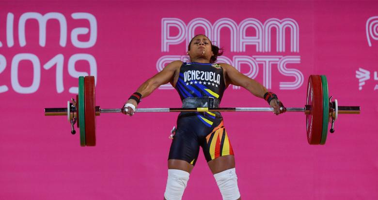 Genesis Rodríguez from Venezuela in the 55-kg weightlifting competition held at the Chorrillos Military School at Lima 2019.	