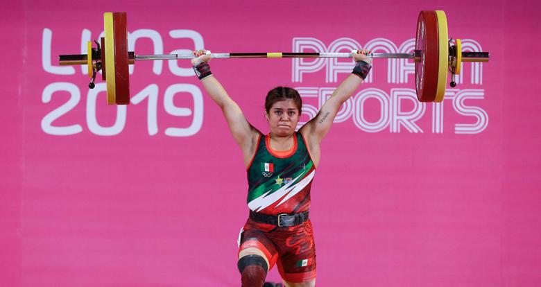 Ana Lopez from Mexico showing her skills at the women’s 55 kg weightlifting competition, held at the Chorrillos Military School at Lima 2019.	
