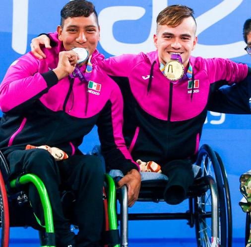 Jesus Hernandez from Mexico, Gustavo Sanchez from Mexico and Franco Gomez from Argentina, who won the silver, gold and bronze, respectively, proudly pose with their medals in men's 50m breaststroke Para swimming at Lima 2019 at the National Sports Village – VIDENA.