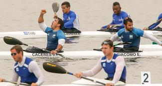 Argentinian team celebrates its victory in canoe sprint