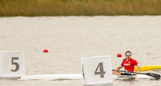 Andreanne Langlois celebrates her victory in canoe sprint