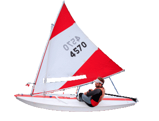 Athlete sitting on the sailboat and maneuvering it across the sea. 