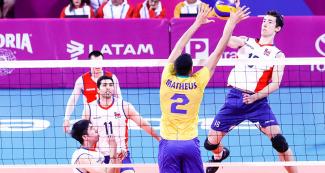 Bispo Dos Santos Matheus from Brazil against Chilean Gago Muthag Tomás for the men’s volleyball bronze medal at Callao Regional Sports Village, Lima 2019 Games
