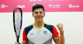 Colombian Mario Mercado celebrates his victory over Mexican Rodrigo Montoya in racquetball at the Callao Regional Sports Village