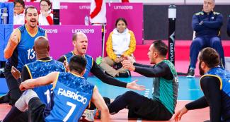 Brazil celebrates victory against Costa Rica in sitting volleyball at the Lima 2019 Parapan American Games, at Callao Regional Sports Village