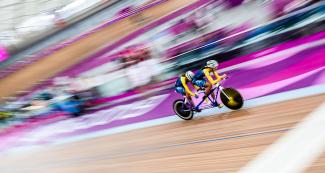 Brazil’s Marcia Ribeiro and her pilot Cristiane Pereira at full speed at the Para cycling track competition at the National Sports Village – VIDENA, Lima 2019