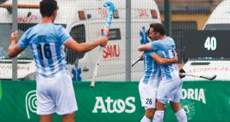 The Argentinian team celebrating its victory against USA during the hockey semifinals in Lima 2019 Games at the Villa María del Triunfo Sports Center