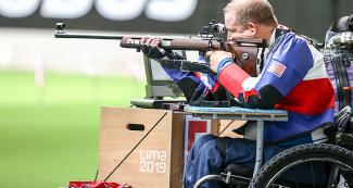 Robert Beach from the US pointing in 50 m rifle prone event held at Las Palmas Air Base at Lima 2019