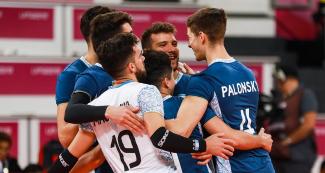 Argentinian volleyball team celebrates its victory against Puerto Rico at the Callao Regional Sports Village during the Lima 2019 Games.