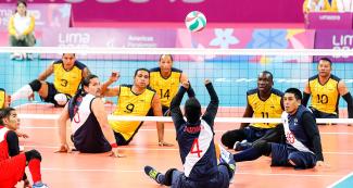 Peruvian Faustino Cuadros in Lima 2019 sitting volleyball against Colombia at the Callao Regional Sports Village