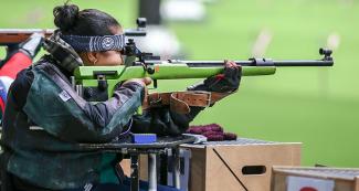 Colombian Maria Restrepo during 50 m rifle prone event held at Las Palmas Air Base at Lima 2019