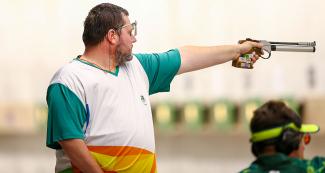 Brazilian Geraldo Rosenthal pointing during 10 m air pistol event held at Las Palmas Air Base at Lima 2019