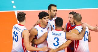 Puerto Rican volleyball team celebrates a point against Argentina at the Callao Regional Sports Village during the Lima 2019 Games.