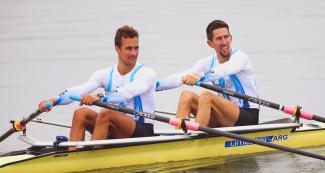 Argentina’s Cristian Rosso and Rodrigo Murillo competing at the Lima 2019 double sculls event at Laguna Bujama