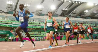 American Lawi Lalang (bronze), Brazilian Ederson Vilela (gold), and American Reid Buchanan (silver) climbed to the athletics podium in Lima 2019 men’s 10,000m event at the National Sports Village (VIDENA)