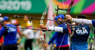 Lima 2019 Games men’s team recurved bow ready to release arrows at Villa María del Triunfo Sports Center, Lima 2019 Games