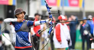 Andrés Aguilar Gimpel from Chile aiming with his recurved bow at the Villa María del Triunfo Sports Center, Lima 2019 Games