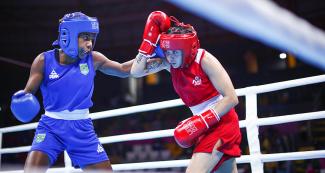 Argentinian Leonela Sanchez and Brazilian Jucielen Cerqueira face off in the women’s bantamweight class of the Lima 2019 Pan American Games at the Callao Regional Sports Village.