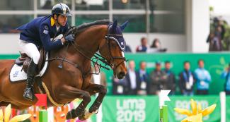 Raúl Guarino of Uruguay in the Lima 2019 jumping final at the Army Equestrian School