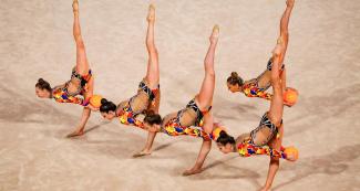 American rhythmic gymnastics team performing its routine in the Lima 2019 group competition at Villa El Salvador Sports Center