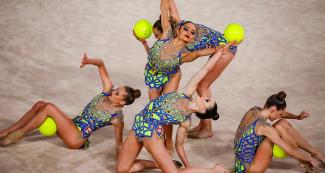 Canadian rhythmic gymnastics team performing its routine in Lima 2019 group competition at Villa El Salvador Sports Center