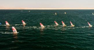  Aerial view of athletes in the Lima 2019 men’s windsurf event at Paracas Bay