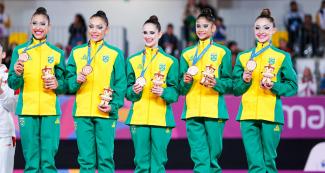 Brazilian rhythmic gymnastics team received the bronze medal in Lima 2019 group competition at Villa El Salvador Sports Center