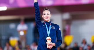 American Evita Griskenas picked up the gold medal in Lima 2019 rhythmic gymnastics individual event at Villa El Salvador Sports Center