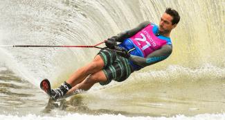 Felipe Miranda from Chile during the Lima 2019 water ski competition at Laguna Bujama.