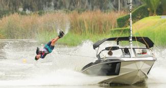 Regina Jaquess from the USA showed her amazing skills on the water during the Lima 2019 water ski competition the Laguna Bujama.